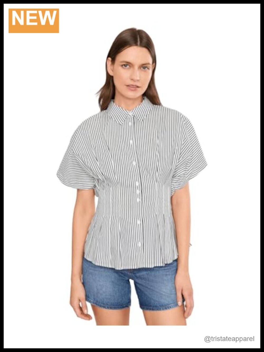 Vince Camuto Pleated Waist Dolman Sleeve Blouse Cotton Striped